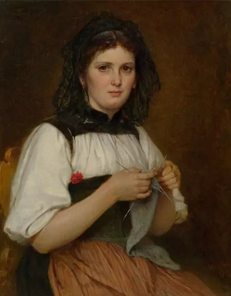 BENJAMIN VAUTIER — Junge Bernerin in Tracht beim Stricken. 1887. — Koller Auktionen