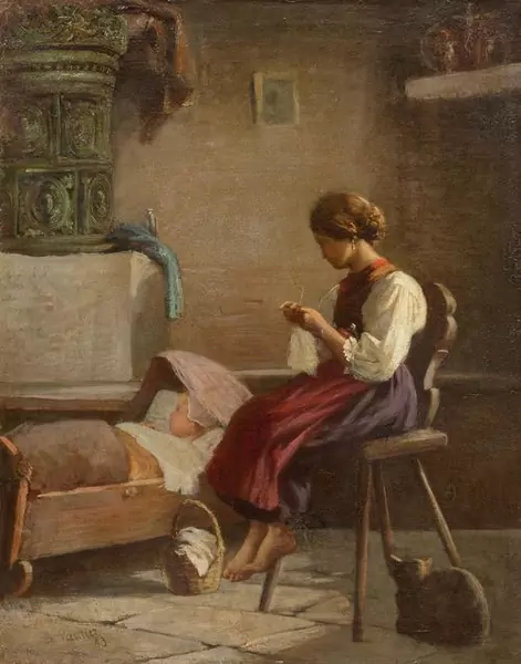 BENJAMIN VAUTIER — Strickendes Mädchen an der Wiege. 1883. — Koller Auktionen