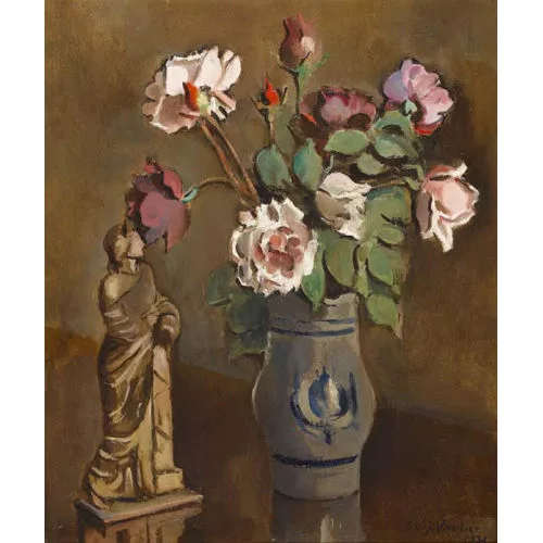 Benjamin Vautier — Stillleben mit Rosen im Steinzeugkrug und Figur.