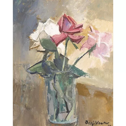 Benjamin Vautier — Stillleben mit Rosen im Glas.