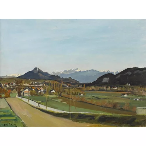 Benjamin Vautier — Dörfliche Landschaft mit Gebirgspanorama.