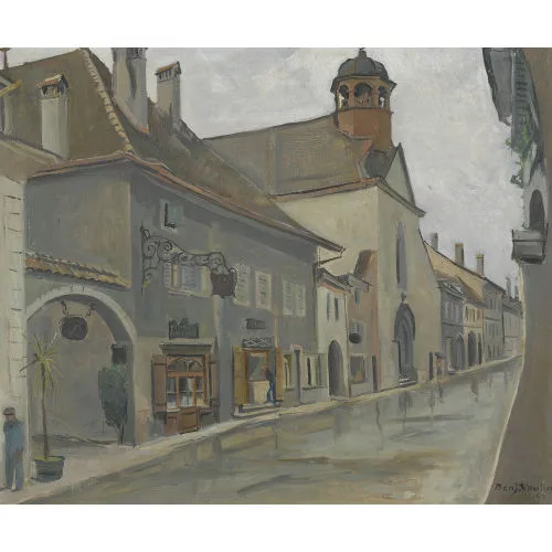 Benjamin Vautier — Regnerische Strassenpartie mit Kirche.