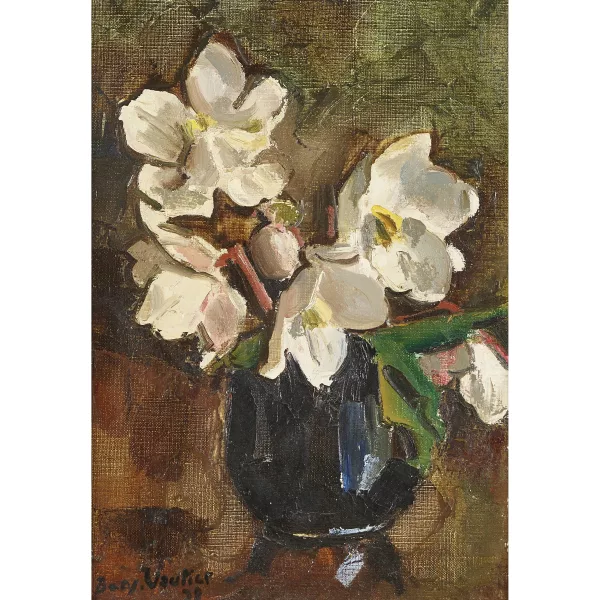 Benjamin Vautier — Weisse Christrosen in blauer Vase.