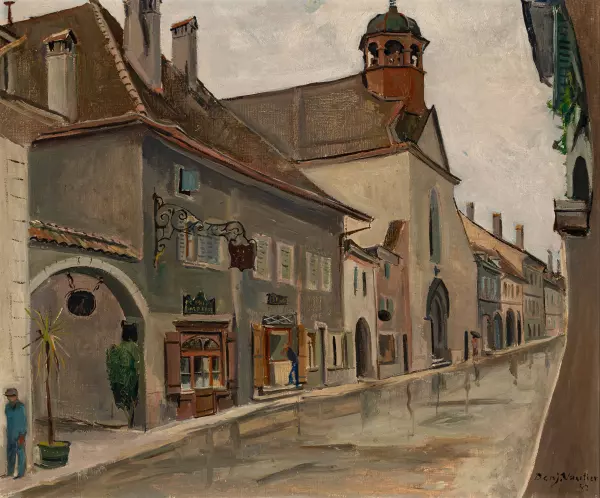 Regnerische Strassenpartie mit Kirche