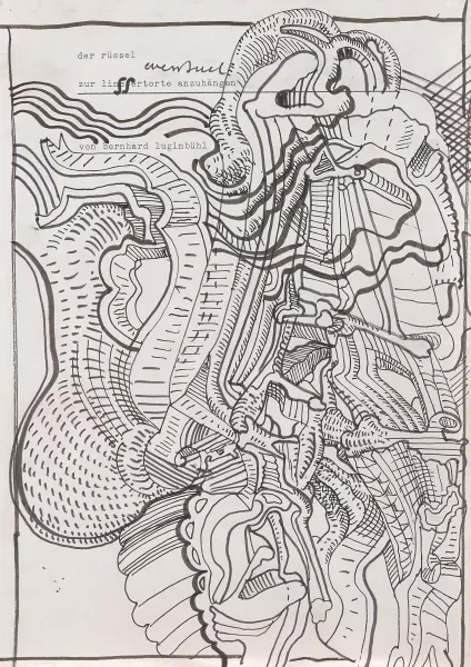 Bernhard Luginbühl — der rüssel..." Tusche und Filzstift auf Papier