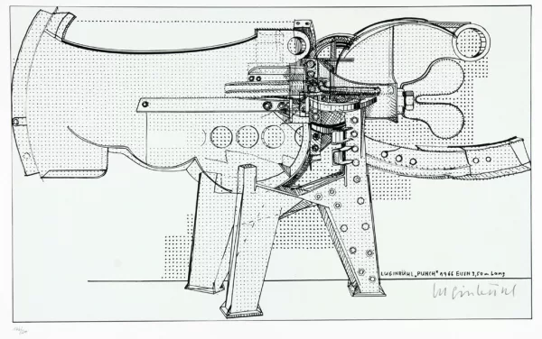 Bernhard Luginbühl — Luginbühl "Punch" 1966, Eisen, 3.50 m lang, 1971, aus "Graphikmappe des Schweizerischen Kunstvereins", 1975