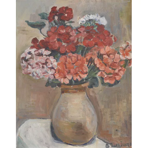 Bertha Züricher — Stillleben mit Geranien in einer Tonvase.