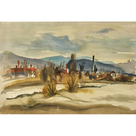 Weite Landschaft mit Fabrikkamin