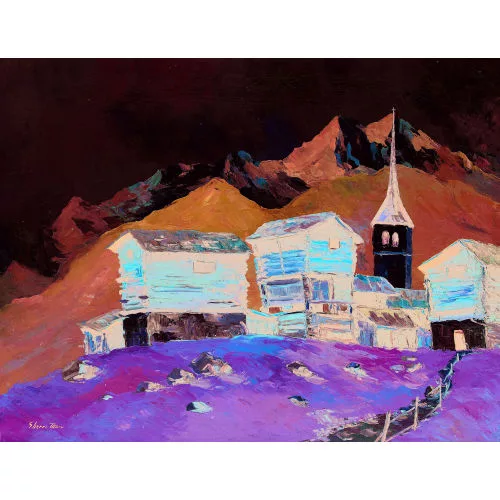 Bruno Gherri-Moro — Walliser Sommerlandschaft mit Dorf.