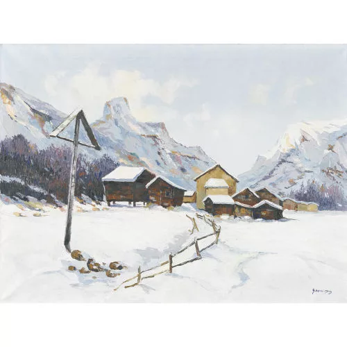 Bruno Gherri-Moro — Walliser Winterlandschaft mit Kreuz und Dorf.