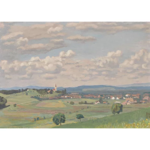 Bruno Hesse — Ebene Landschaftspartie mit Kirche auf Hügel.