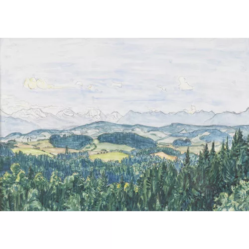 Bruno Hesse — Blick über Voralpenlandschaft zur Alpenkette.