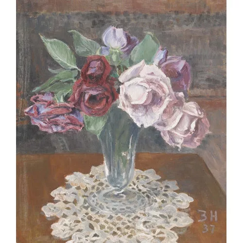 Bruno Hesse — Stillleben mit Rosen in Glasvase.