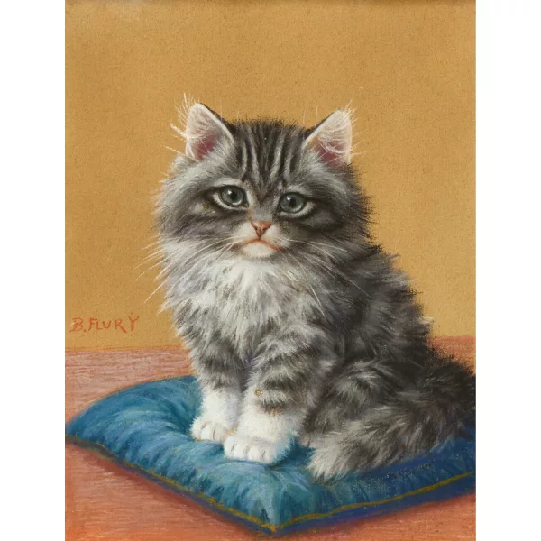 Burkhard Flury genannt Katzen-Flury — Katze auf blauem Kissen.