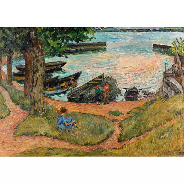 Seeufer mit Ruderbooten und sitzendem Mädchen
