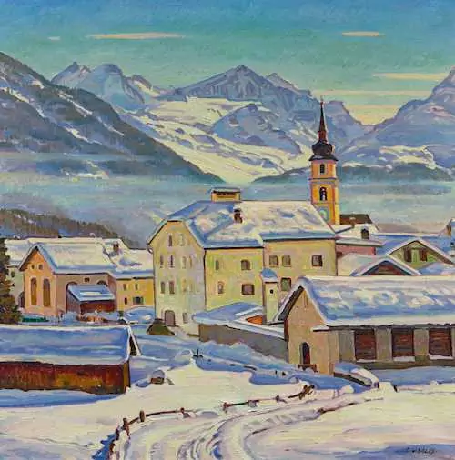 CARL ALBERT VON SALIS-SOGLIO — The village of Bever with a view of Piz Brinz. — Koller Auktionen