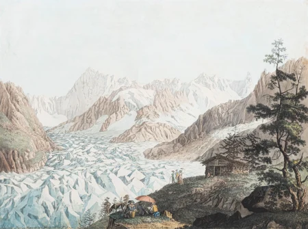 Vue de la mer de Glace et de l'Hôpital de Blair du Sommet du Montanvert dans le mois d'aust