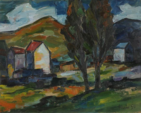 Landschaft mit Bäumen und Häusern, 1950