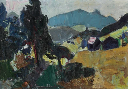 Appenzeller Herbstlandschaft mit Kamor und Hohem Kasten, Blick aus dem Atelier. 1950.