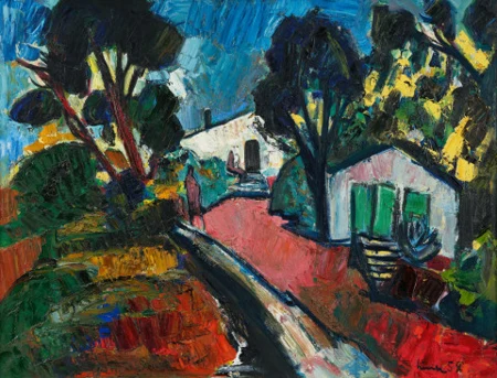 Menschen und Häuser unter Bäumen, 1958