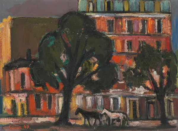 Carl Liner junior — Pferde im Schatten von Bäumen in einer Stadt, 1947