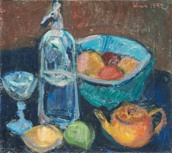 Carl Liner junior — Stillleben mit Früchteschale, Sodaflasche und Teekrug, 1949