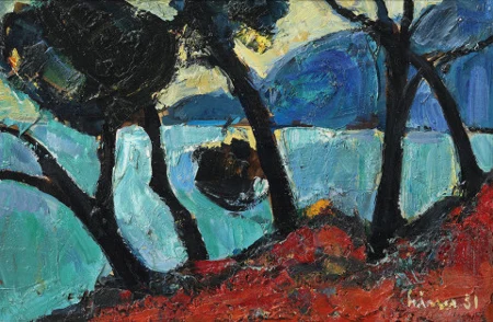 Bäume vor korsischer Bucht, 1951
