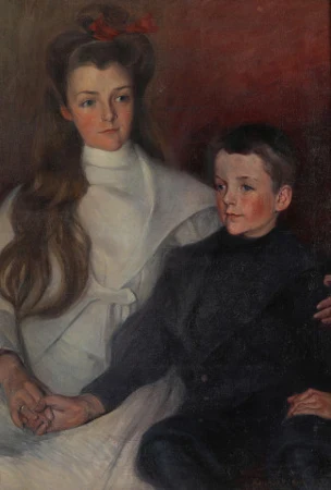 Junges Mädchen und Knabe nebeneinandersitzend, 1902