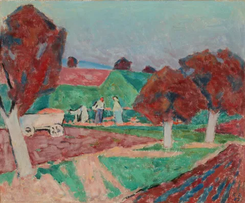 Carl Roesch — Landschaft mit Bäuerinnen auf dem Feld, 1952