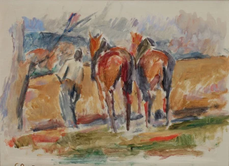 Feldarbeit mit zwei Pferden, 1945