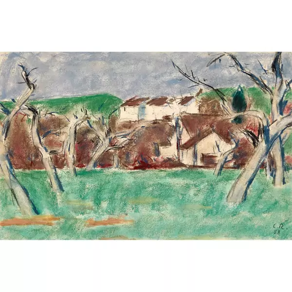 Landschaft mit Bäumen am Ortsrand