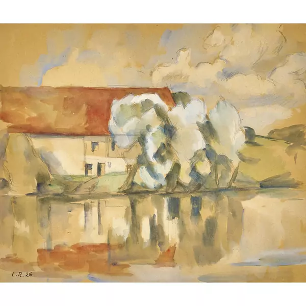 Haus und Bäume am Ufer
