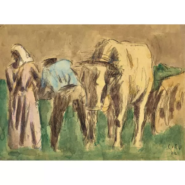 Bauernpaar mit Kuh und Wagen