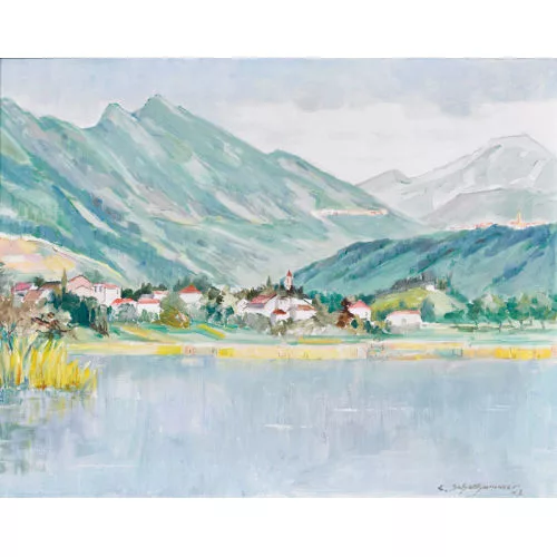Carl Schellhammer — Seeuferpartie mit Dorf.
