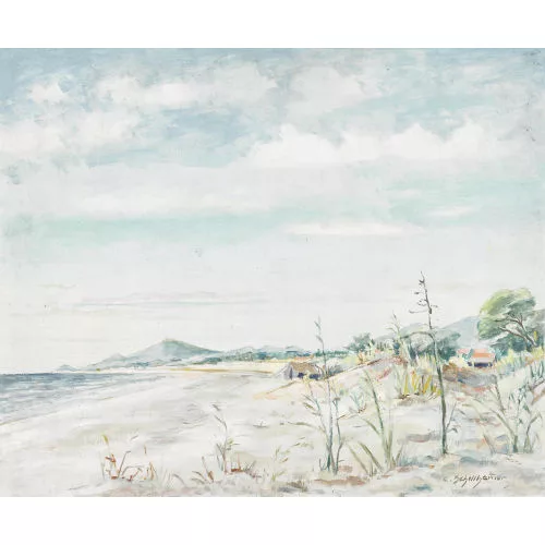 Carl Schellhammer — Strandpartie mit Hütten vor Hügelzug.