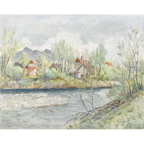 Carl Schellhammer — Flusspartie mit Dorf.