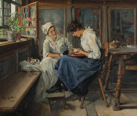 Caspar Ritter — Zwei junge Frauen vor Fensterbank sitzend im Gespräch, 1917