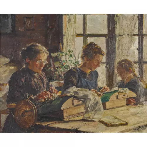 Interieur mit Frauen bei der Handarbeit