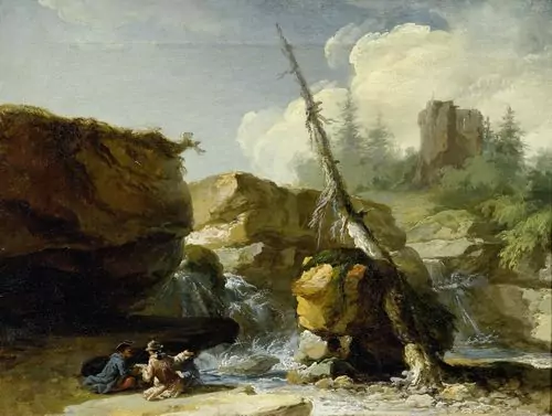 CASPAR WOLF — Wasserfall mit zwei sitzenden Männern. — Koller Auktionen