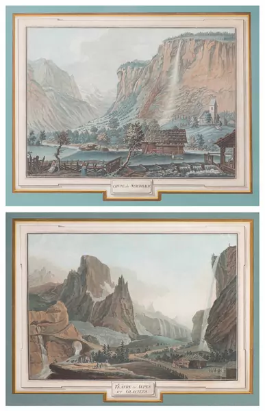 Caspar WOLF (1735 - 1783), (d'après), "Théâtre des Alpes et des Glaciers" & "Chute de Staubbach", aquatintes — DognyAuction