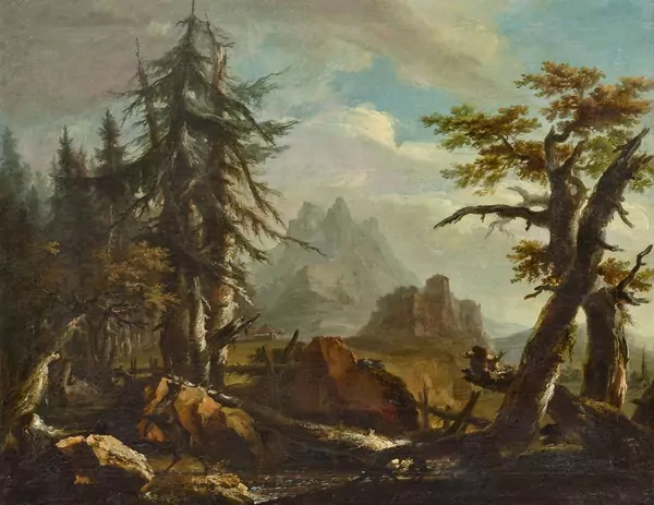 CASPAR WOLF — Gebirgslandschaft mit Eichen, Wettertannen und einer Burg am Fusse eines Felsmassivs. — Koller Auktionen