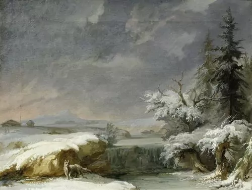 CASPAR WOLF — Verschneite Flusslandschaft mit Wolf. — Koller Auktionen