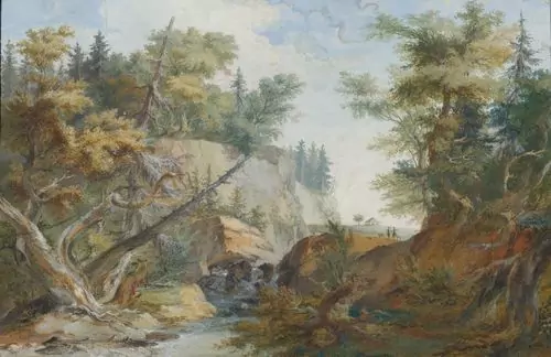 WOLF, CASPAR — Hilly landscape with a river and figures in the background, probably near Muri. Ca. 1768. — Koller Auktionen