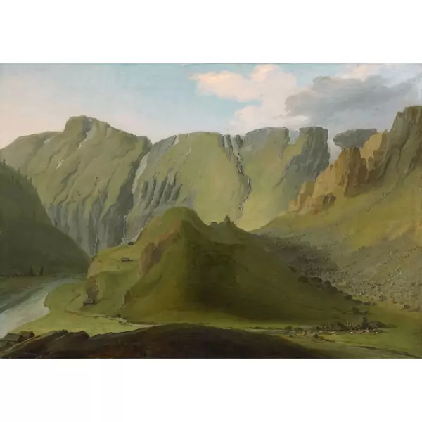 Caspar Wolf — RHONE BEI GLETSCH MIT GADMERFLUH, TELLISTOCK UND WENDENSTOCK, 1778 RHONE NEAR GLETSCH WITH GADMERFLUH, TELLISTOCK AND WENDENSTOCK, 1778