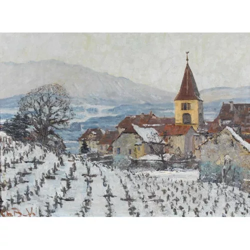 Charles Baillon-Vincennes — Winteransicht von Bôle mit Weinberg.