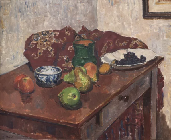 Charles Chinet — Charles CHINET (1891-1978) "Nature morte aux pommes et aux poires sur une table avec des raisins"