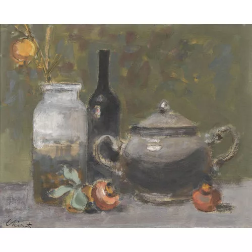 Charles Chinet — Stillleben mit Topf, Glas und Weinflasche.