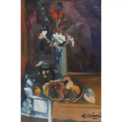 Charles Clément — "Nature morte avec fleurs et pêches".