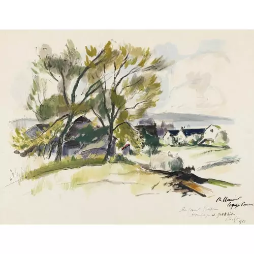 Landschaft mit Heukarren und Bauernhof