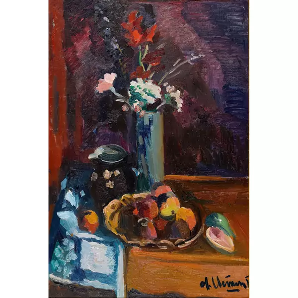 "Nature morte avec fleurs et pêches"